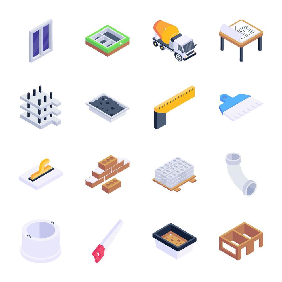 Collection of Construction Isometric Icons vector