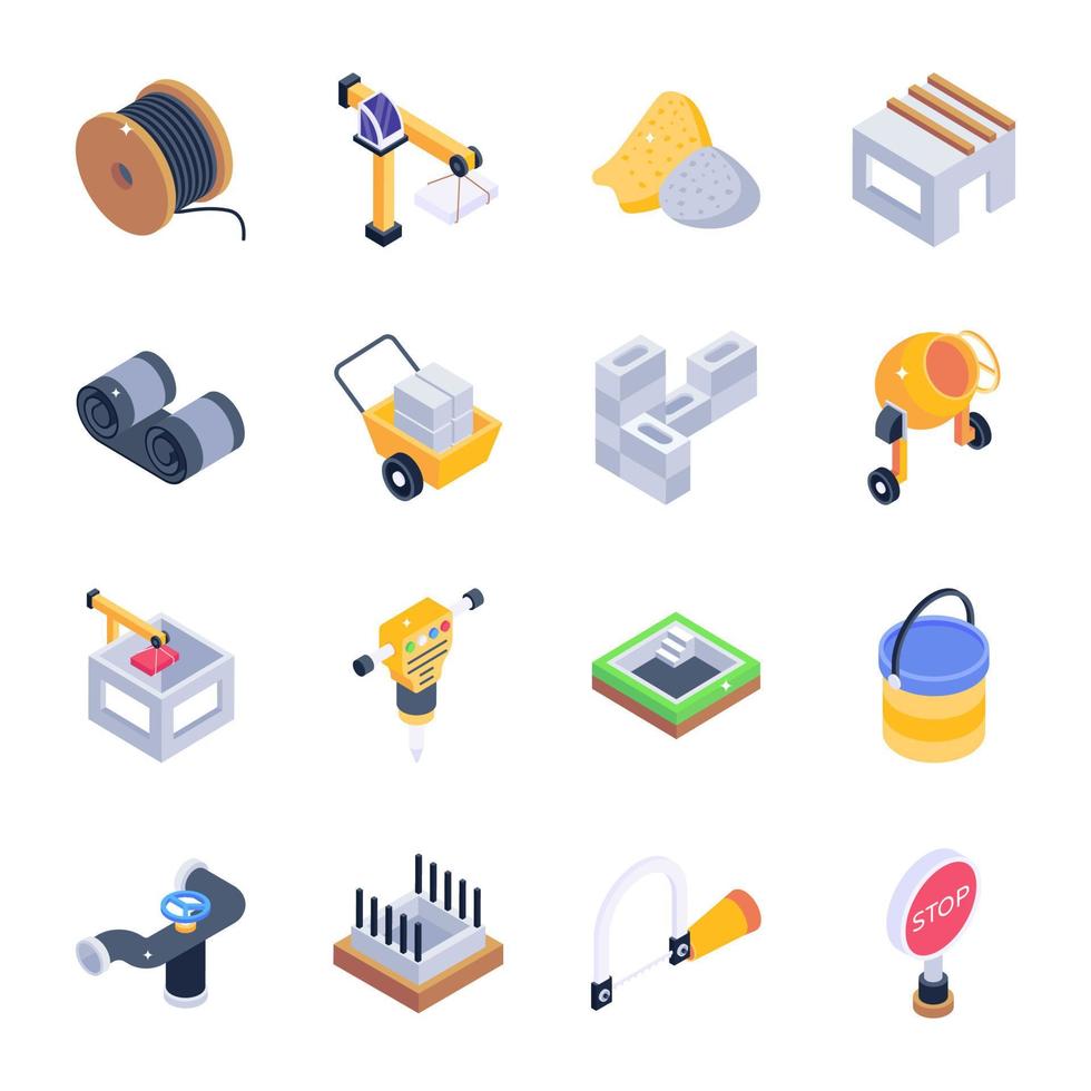 Set of Construction Elements Isometric Icons vector