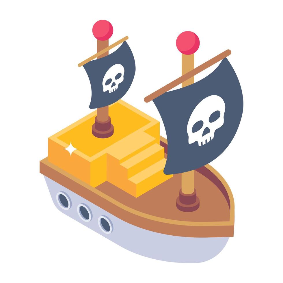 un ícono isométrico editable del barco pirata vector