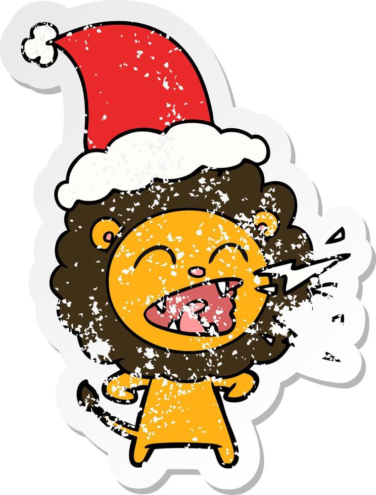 distressed sticker cartoon of a roaring lion wearing santa hat vector