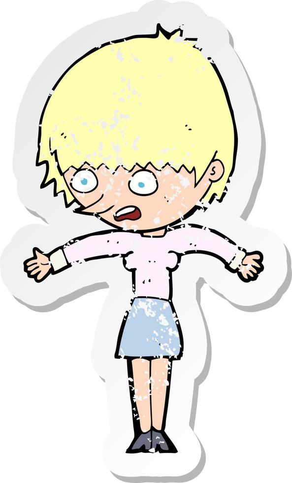 retro distressed sticker of a cartoon woman panicking vector