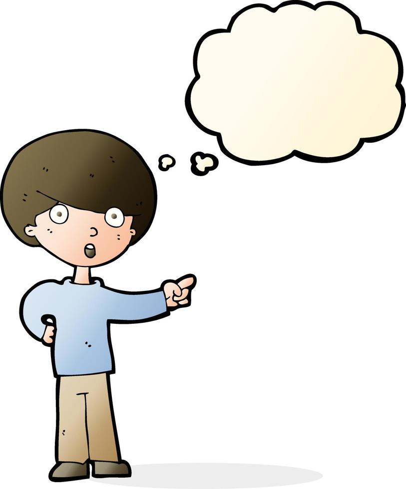 cartoon pointing boy with thought bubble vector