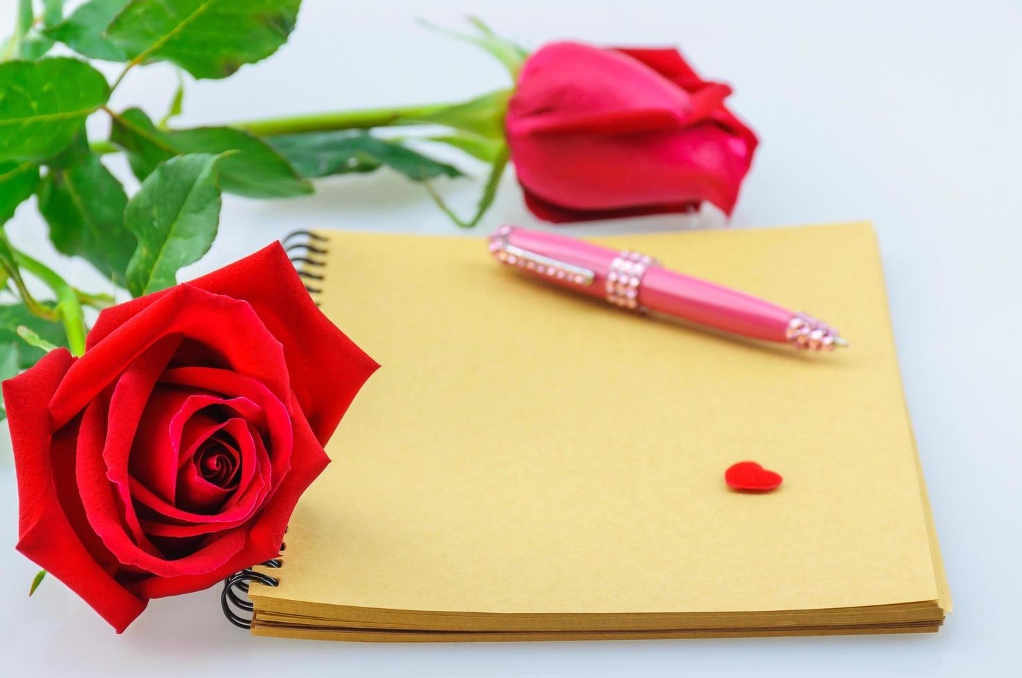 Red rose and pink pen with notebook. Photo is focused at the left rose.
