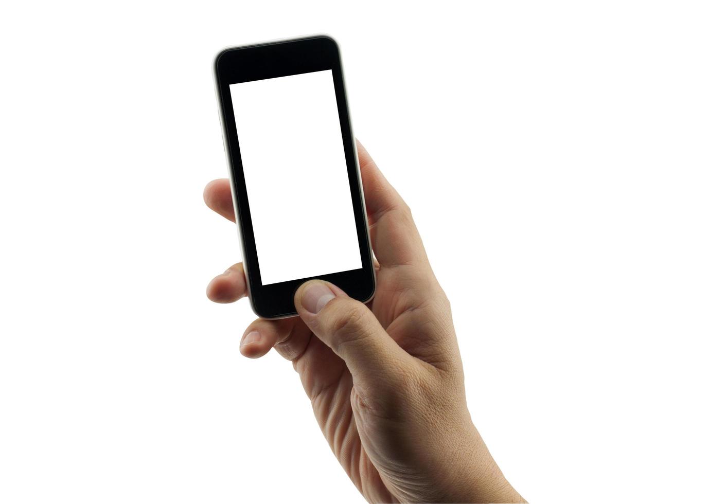 Isolated male hand holding and pushing home button of white blank screen smart mobile phone. photo