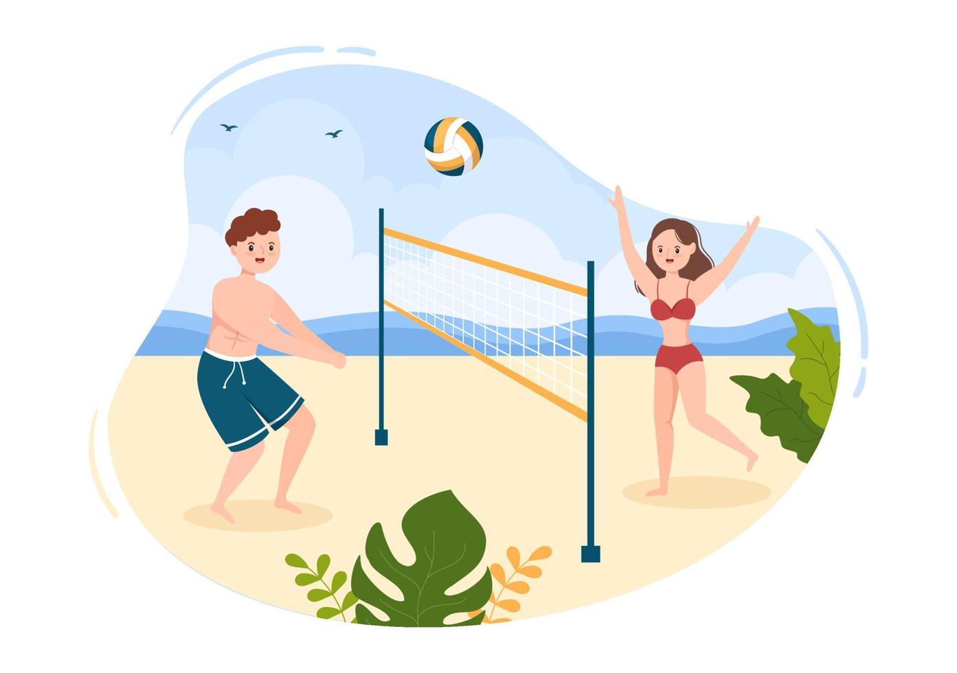 jugador de voleibol de playa en el ataque para la serie de competición deportiva al aire libre en ilustración de dibujos animados planos vector