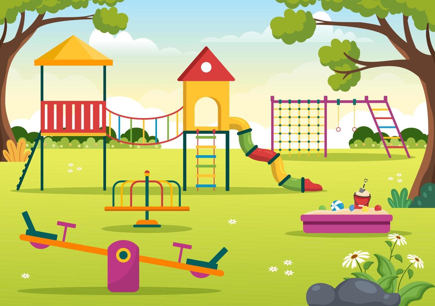 Children Playground with Swings, Slide, Climbing Ladders and More in the Amusement Park for Little Ones to Play in Flat Cartoon Illustration vector