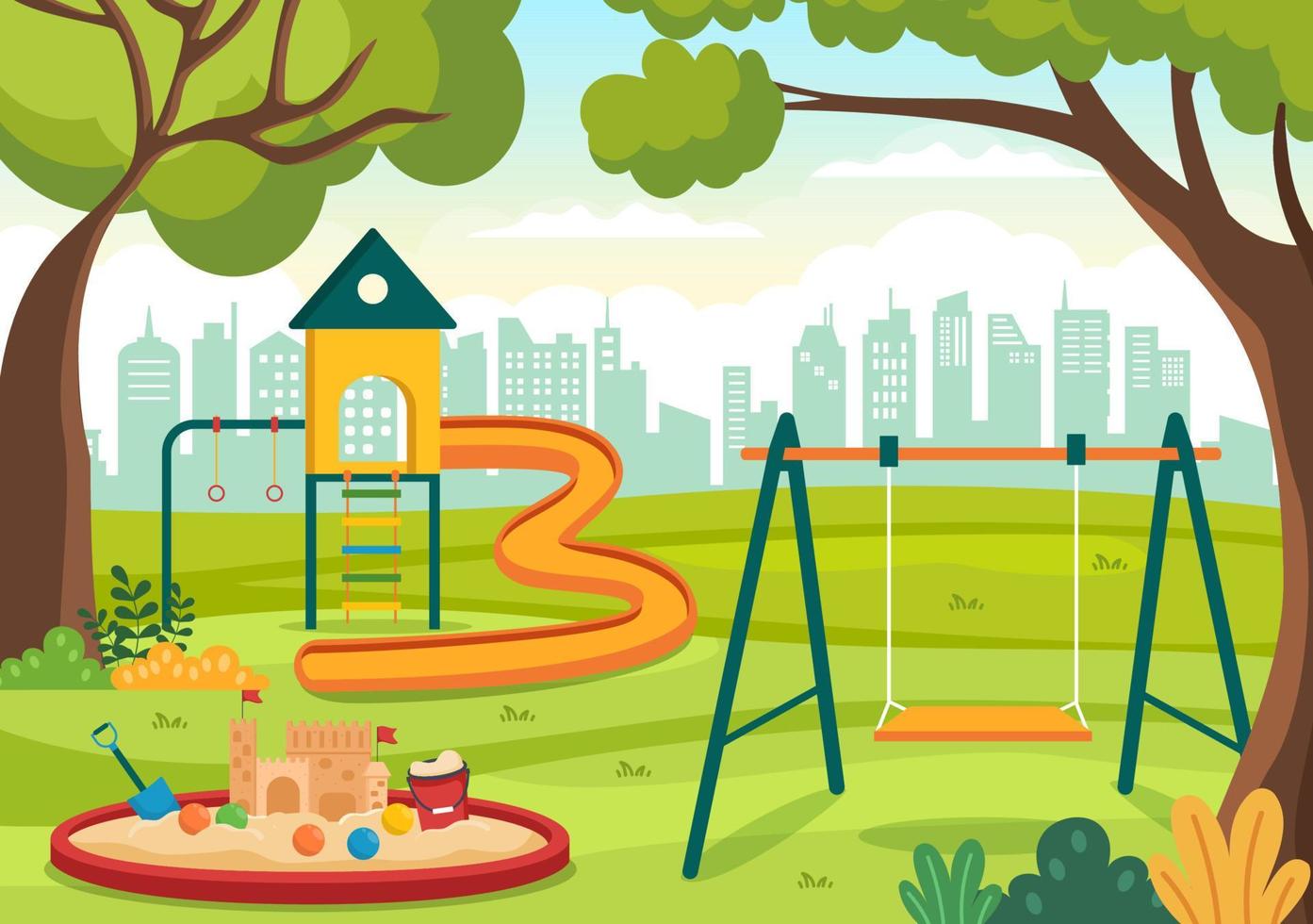 parque infantil con columpios, tobogán, escaleras de escalada y más en el parque de atracciones para que los más pequeños jueguen en dibujos animados planos vector