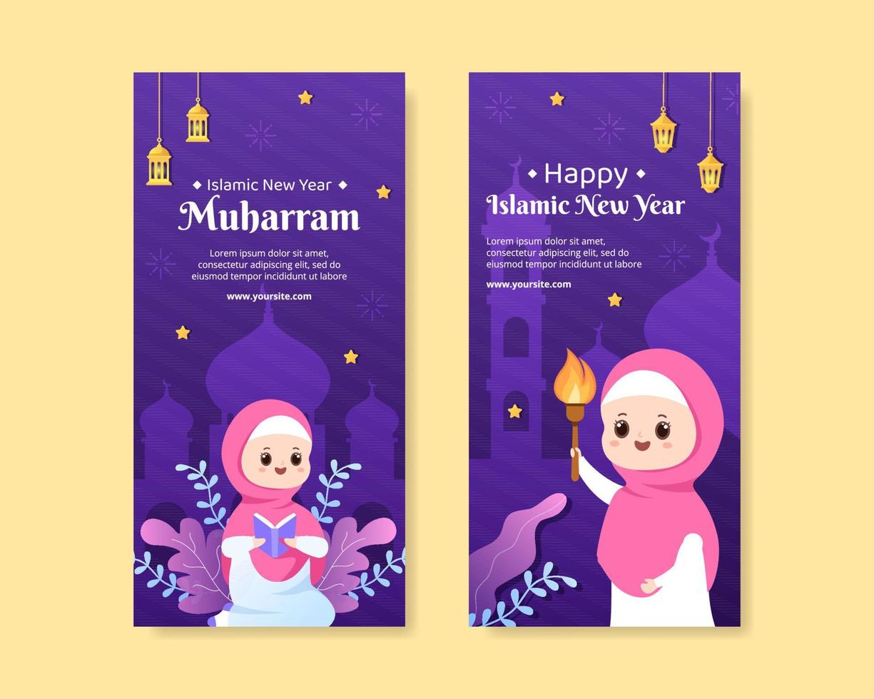 Islamic New Year Day or 1 Muharram Social Media Vertical Banner Template Flat Cartoon Background Vector Illustration