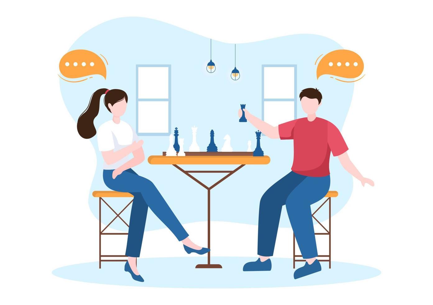 Chess Board Game Cartoon Background Illustration with Two People Sitting Across From Each Other and Playing for Hobby Activity in Flat Style vector