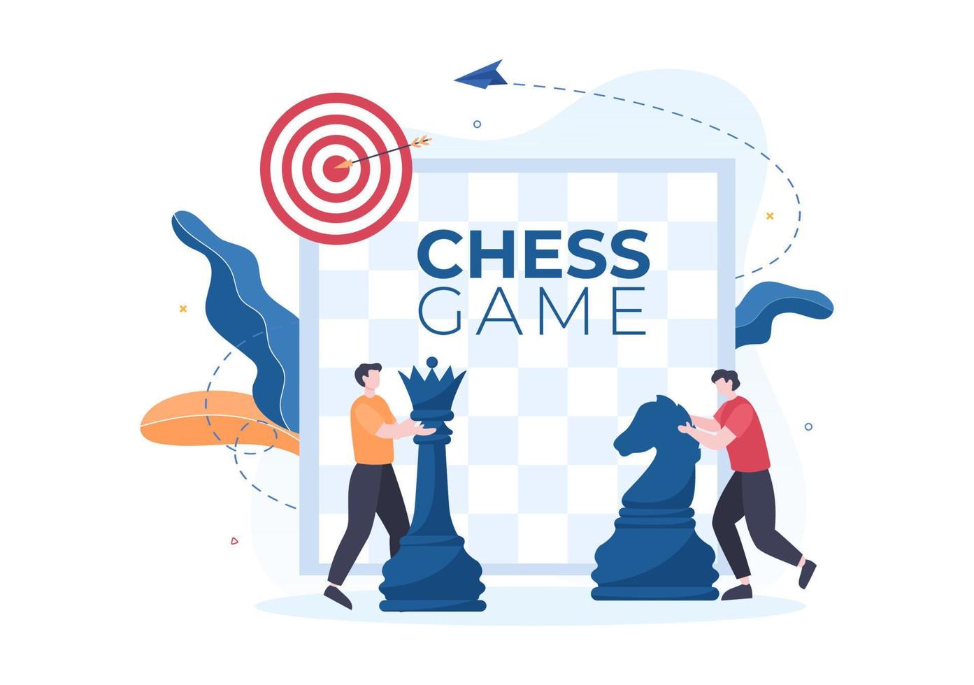 Chess Board Game Cartoon Background Illustration with Two People Sitting Across From Each Other and Playing for Hobby Activity in Flat Style vector