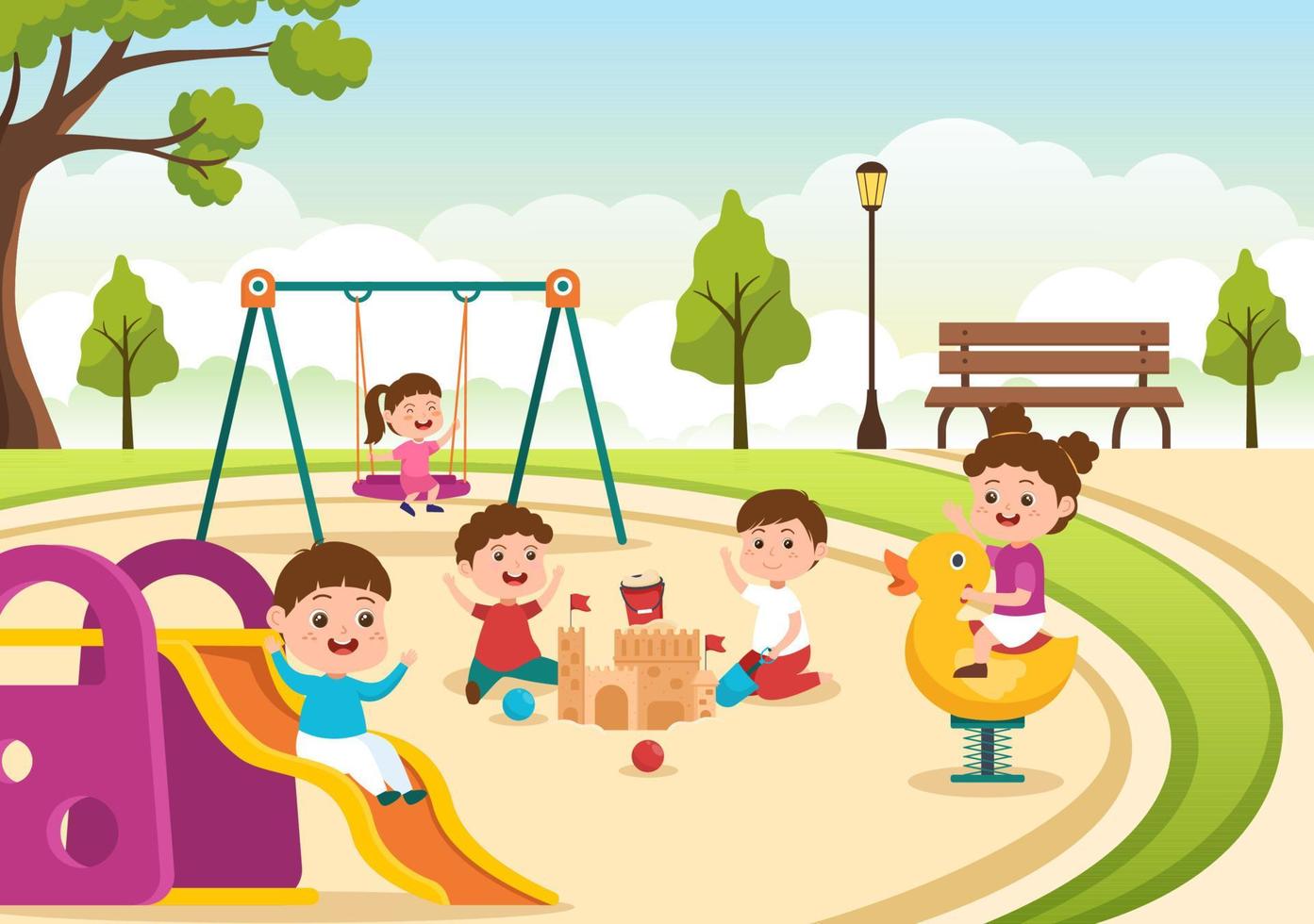 Children Playground with Swings, Slide, Climbing Ladders and More in the Amusement Park for Little Ones to Play in Flat Cartoon Illustration vector