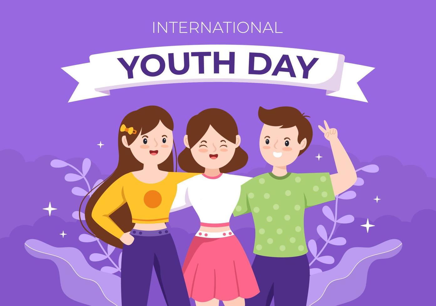 feliz día internacional de la juventud linda ilustración de dibujos animados con niños y niñas para la campaña en un fondo de estilo plano vector