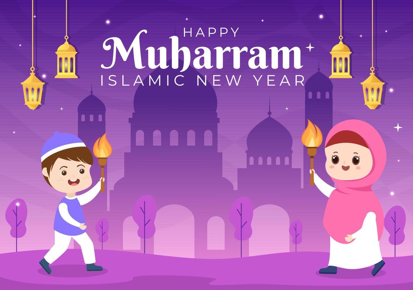 Islamic New Year Day or 1 Muharram Vector Background Illustration of Muslim Family Celebrating Can be use for Greeting Card or Invitation