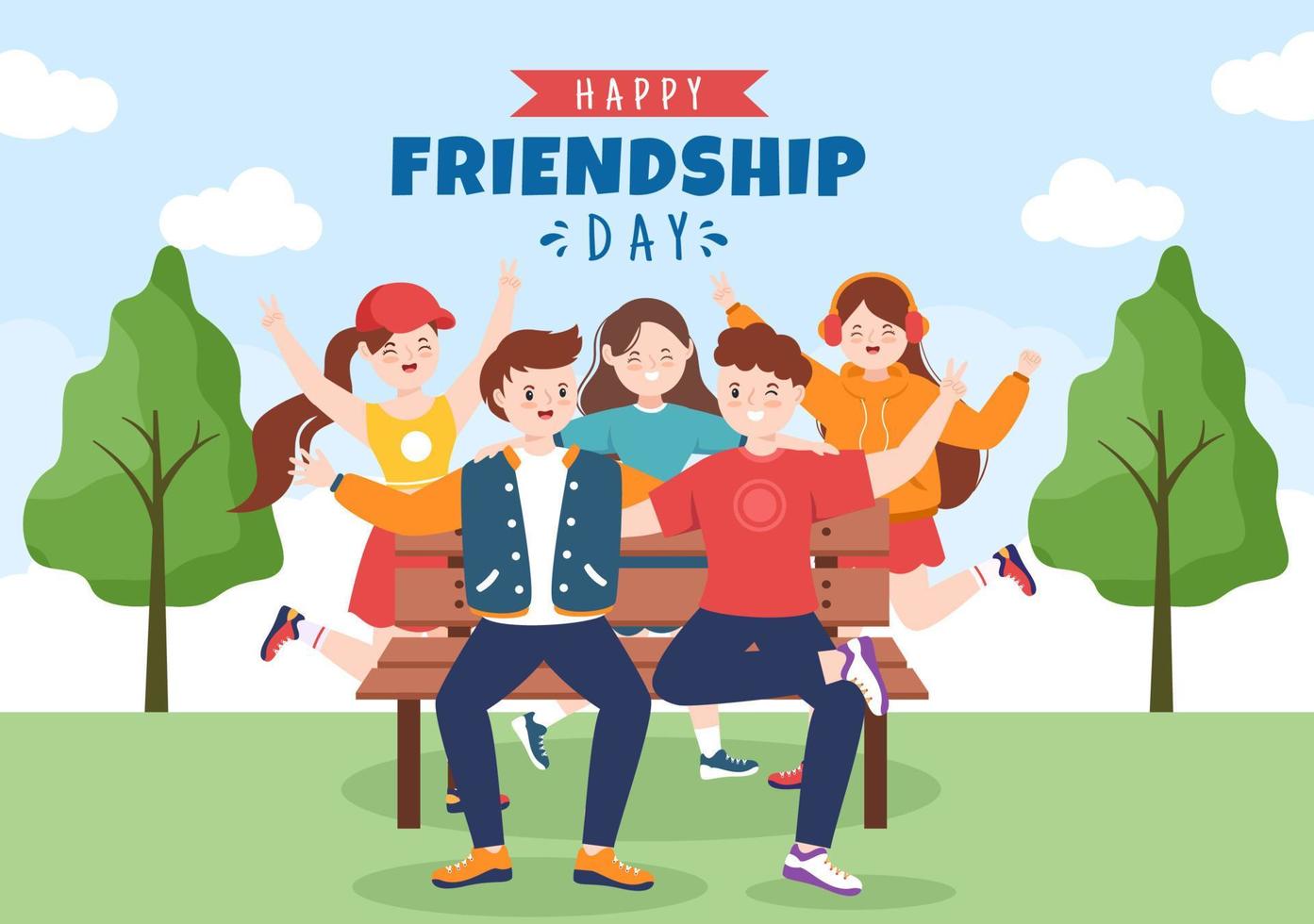 Happy Friendship Day Cute Cartoon Illustration with Young Boys and Girls of Hugging Together or Putting Their Hands in Flat Style vector