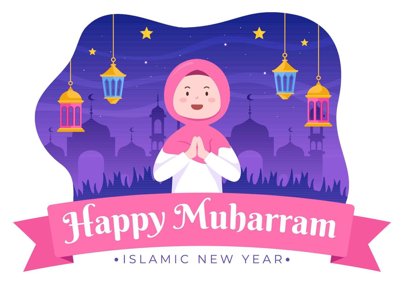 Islamic New Year Day or 1 Muharram Vector Background Illustration of Muslim Family Celebrating Can be use for Greeting Card or Invitation