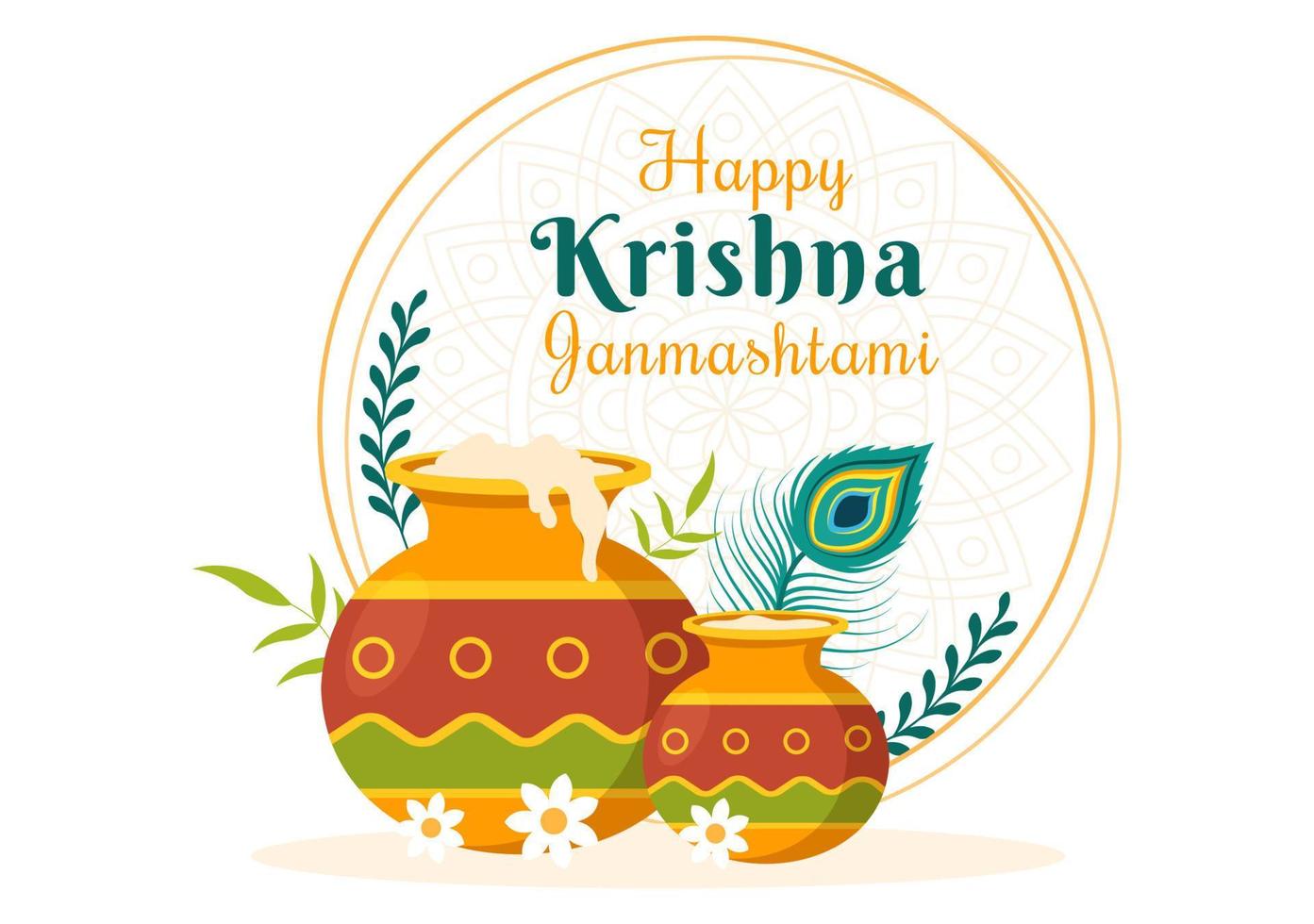 feliz festival krishna janmashtami de la india con bansuri y flauta, dahi handi y pluma de pavo real en una linda ilustración de fondo de caricatura plana vector