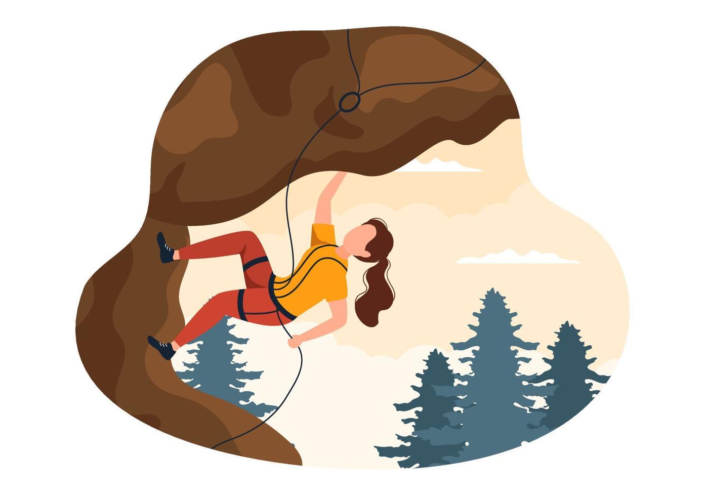 ilustración de dibujos animados de escalada en roca de montaña con escalador escala pared o equipo de uso de acantilado montañoso en un fondo de paisaje natural vector