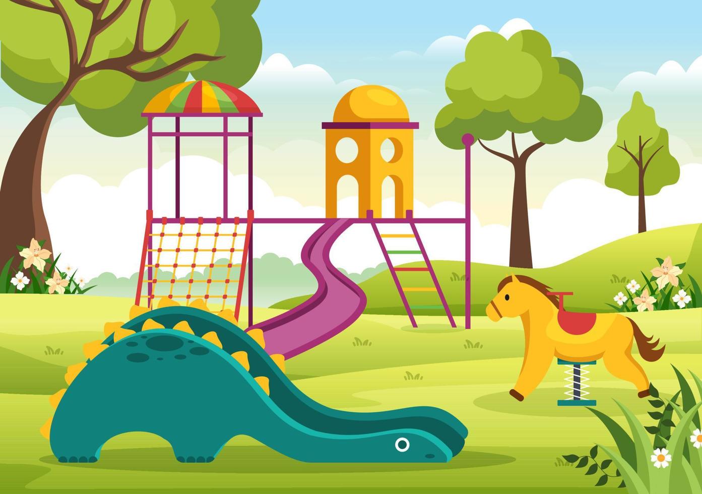 parque infantil con columpios, tobogán, escaleras de escalada y más en el parque de atracciones para que los más pequeños jueguen en dibujos animados planos vector