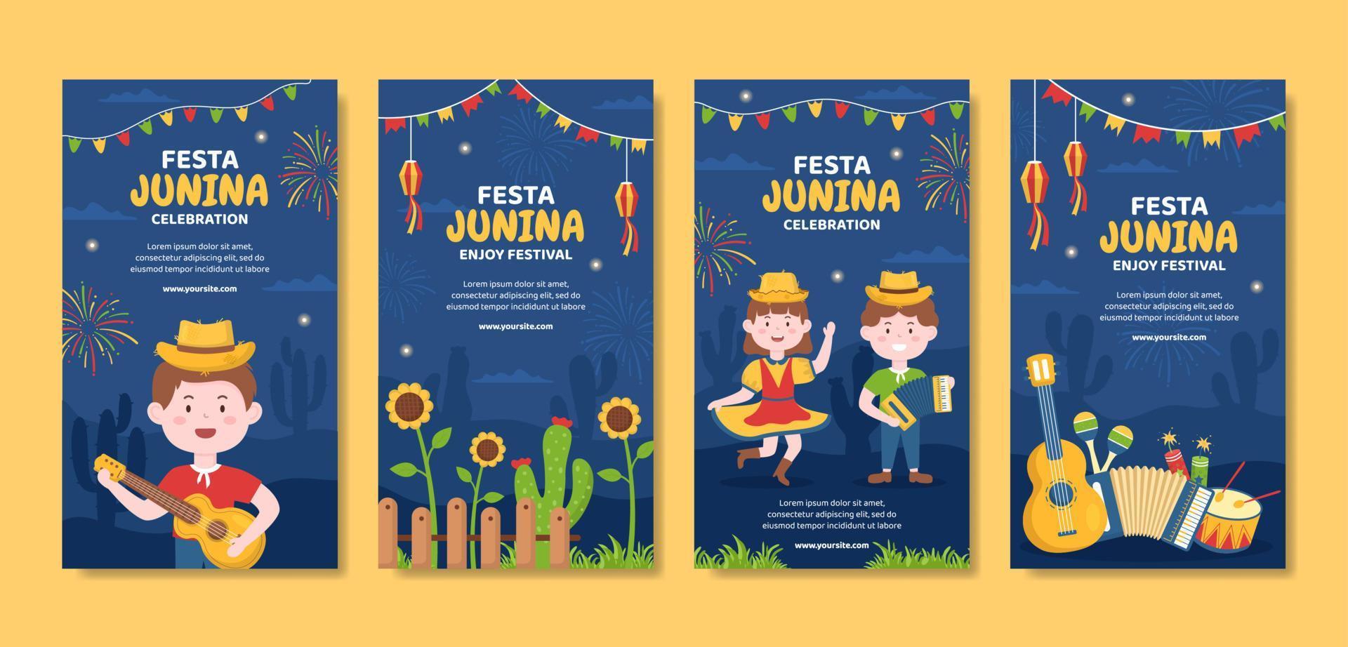 festa junina festival historias plantilla redes sociales plano dibujos animados fondo vector ilustración