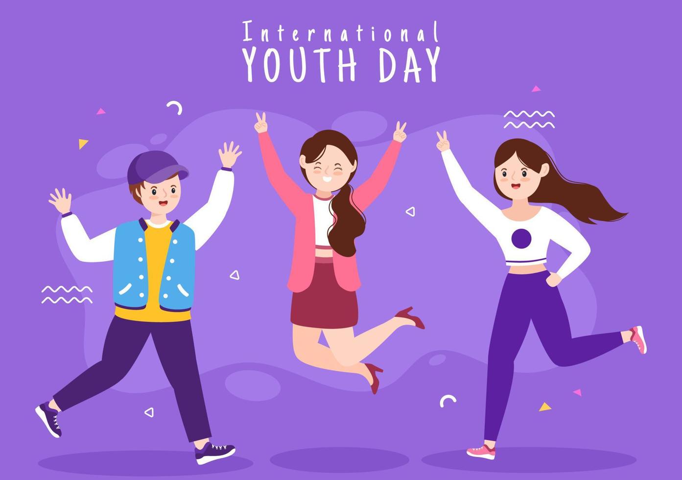 Happy International Youth Day Cute Cartoon Illustration with Young Boys and Girls For Campaign in Flat Style Background vector