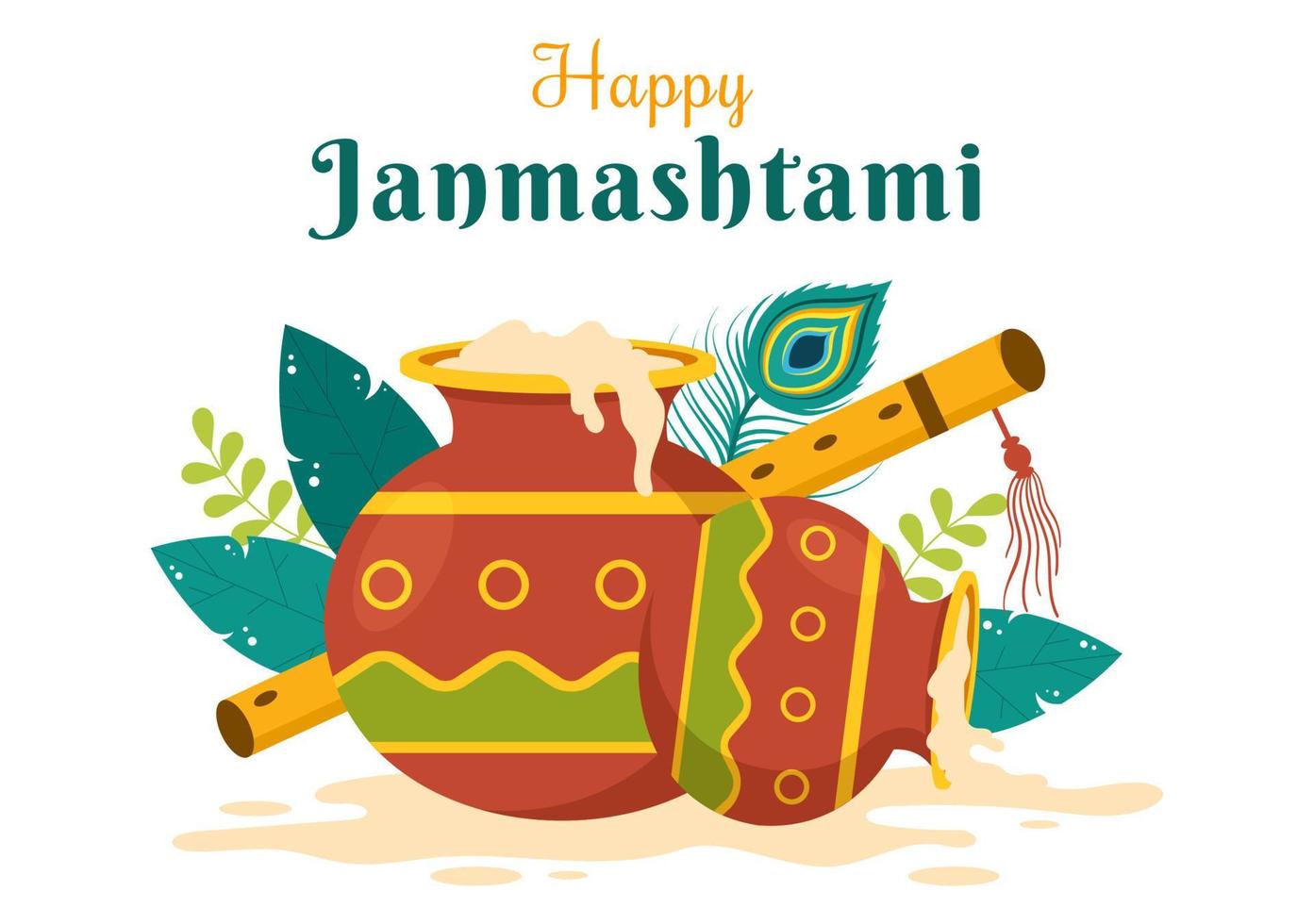 Happy Krishna Janmashtami festival of India with Bansuri and Flute, Dahi Handi and Peacock Feather in Flat Cute Cartoon Background Illustration vector