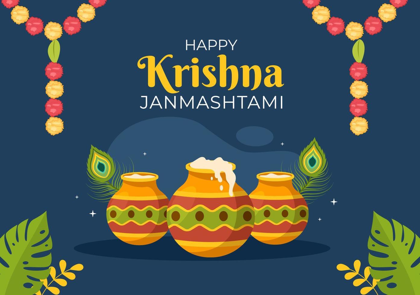 feliz festival krishna janmashtami de la india con bansuri y flauta, dahi handi y pluma de pavo real en una linda ilustración de fondo de caricatura plana vector