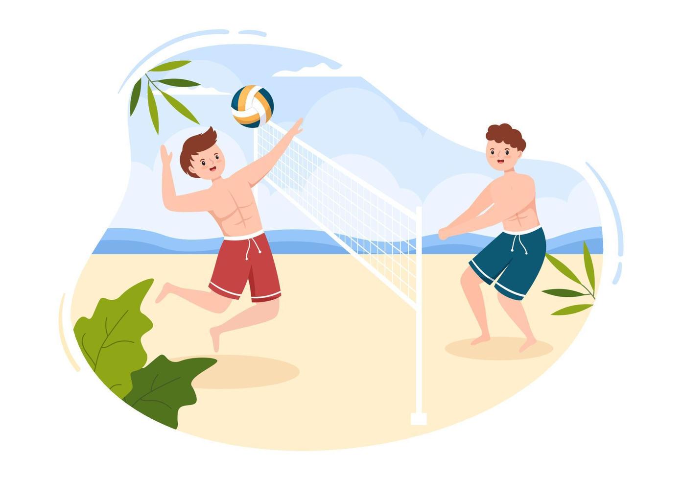 jugador de voleibol de playa en el ataque para la serie de competición deportiva al aire libre en ilustración de dibujos animados planos vector