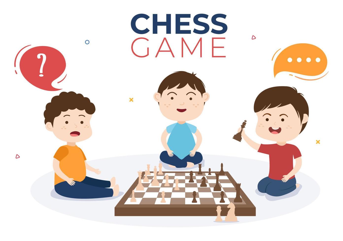 Chess Board Game Cartoon Background Illustration with Two Small Cute Children Sitting Opposite and Playing for Hobby Activity in Flat Style vector