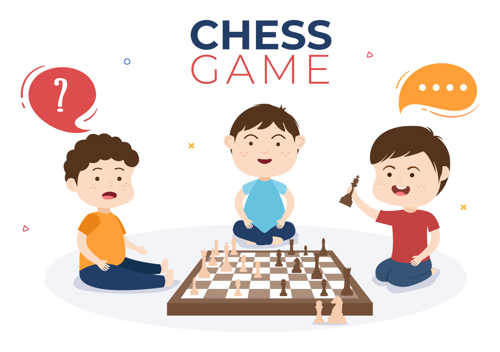 Cute cartoon drawing chess board with figures in flat style