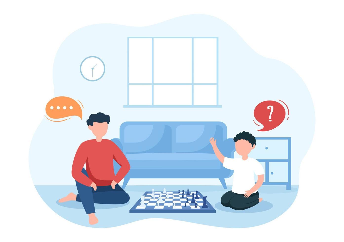 Chess Board Game Cartoon Background Illustration with Two People Sitting Across From Each Other and Playing for Hobby Activity in Flat Style vector