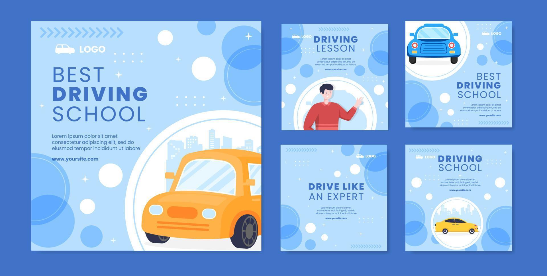 ilustración de vector de fondo de dibujos animados plano de redes sociales de plantilla de publicación de escuela de conducción de automóviles