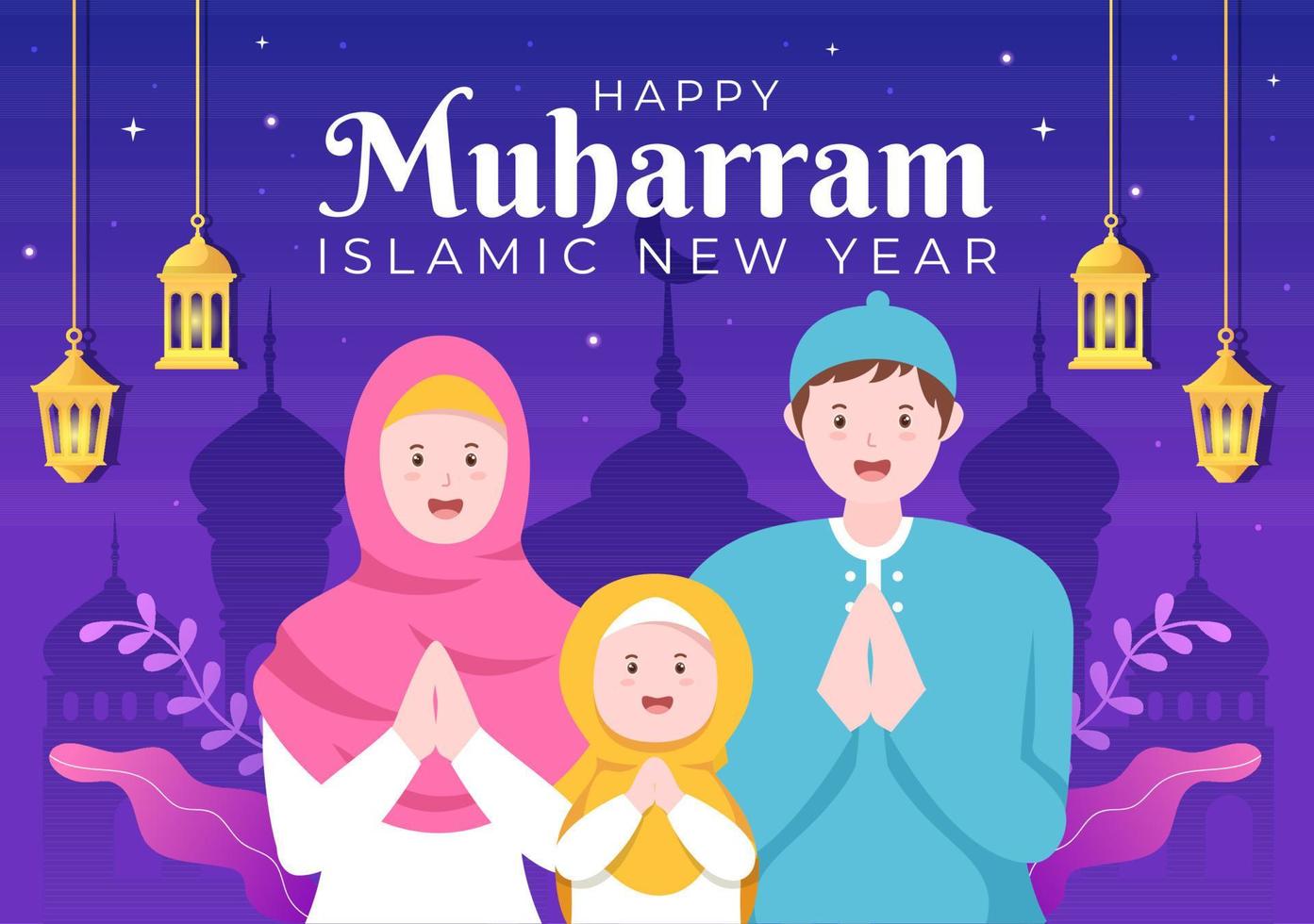 Islamic New Year Day or 1 Muharram Vector Background Illustration of Muslim Family Celebrating Can be use for Greeting Card or Invitation