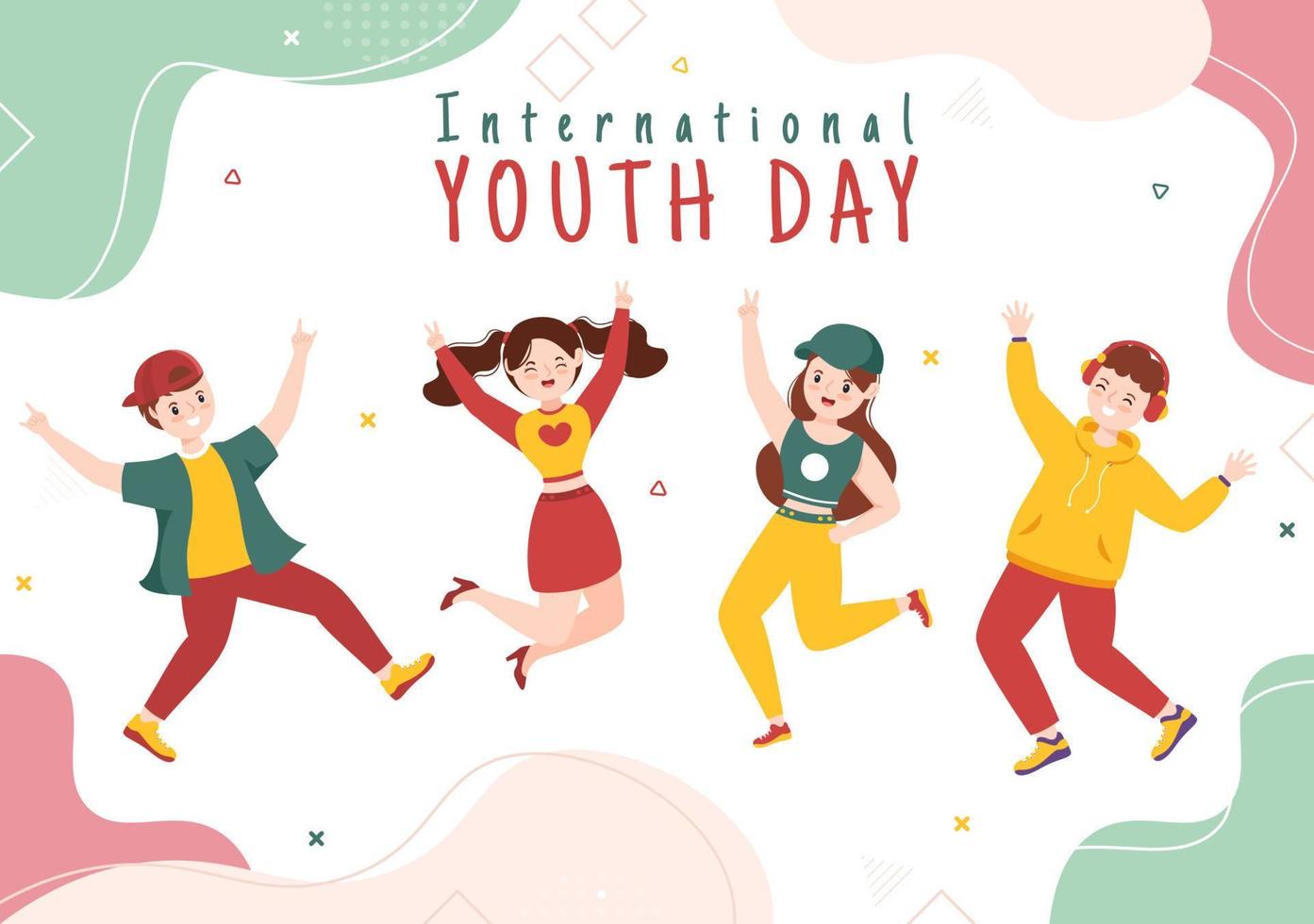 feliz día internacional de la juventud linda ilustración de dibujos animados con niños y niñas para la campaña en un fondo de estilo plano vector