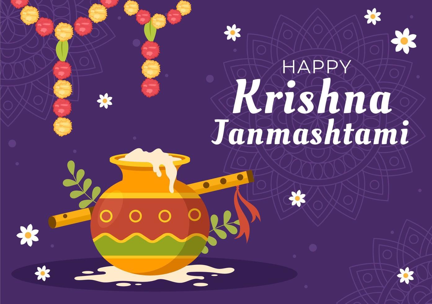 feliz festival krishna janmashtami de la india con bansuri y flauta, dahi handi y pluma de pavo real en una linda ilustración de fondo de caricatura plana vector