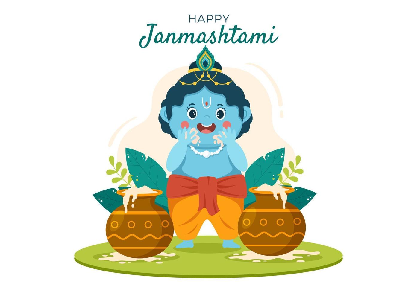 Happy Krishna Janmashtami festival of India with Bansuri and Flute, Dahi Handi and Peacock Feather in Flat Cute Cartoon Background Illustration vector