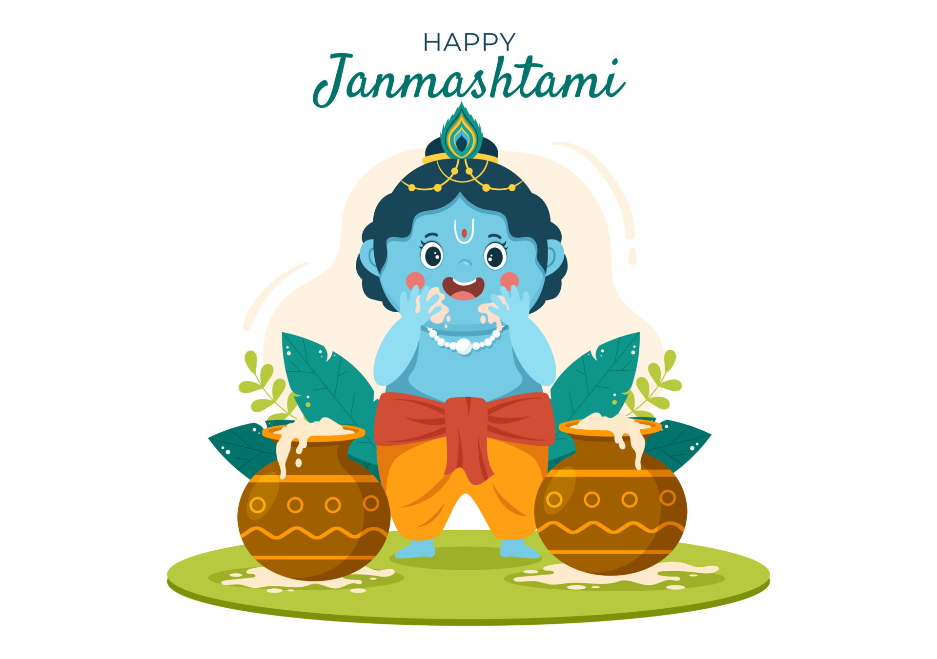 Happy Krishna Janmashtami festival of India with Bansuri and Flute, Dahi  Handi and Peacock Feather in Flat Cute Cartoon Background Illustration  8414756 Vector Art at Vecteezy
