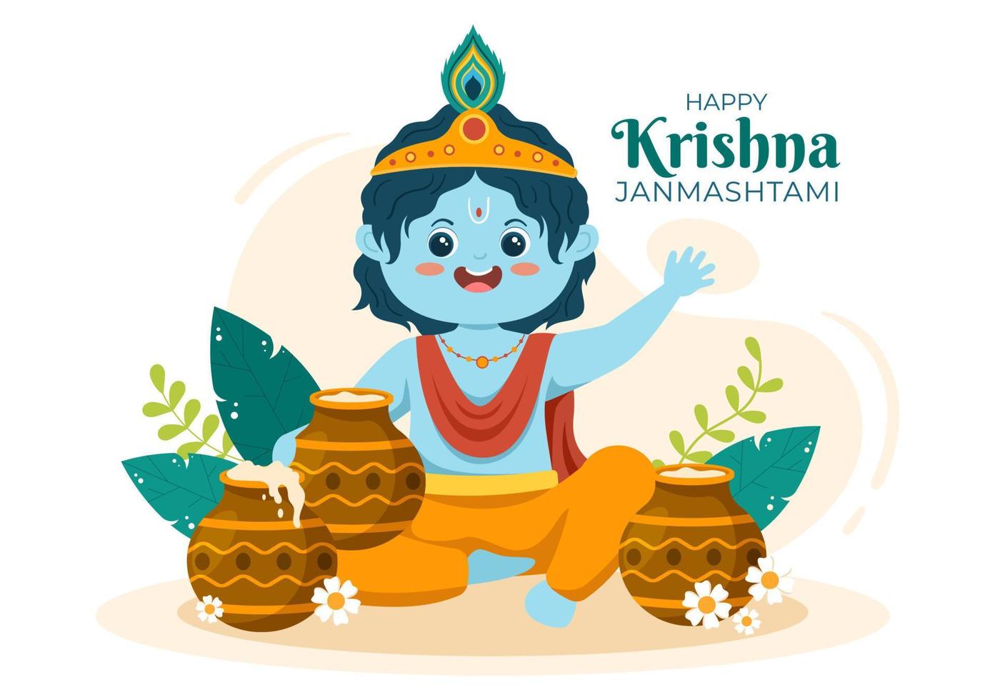 feliz festival krishna janmashtami de la india con bansuri y flauta, dahi handi y pluma de pavo real en una linda ilustración de fondo de caricatura plana vector