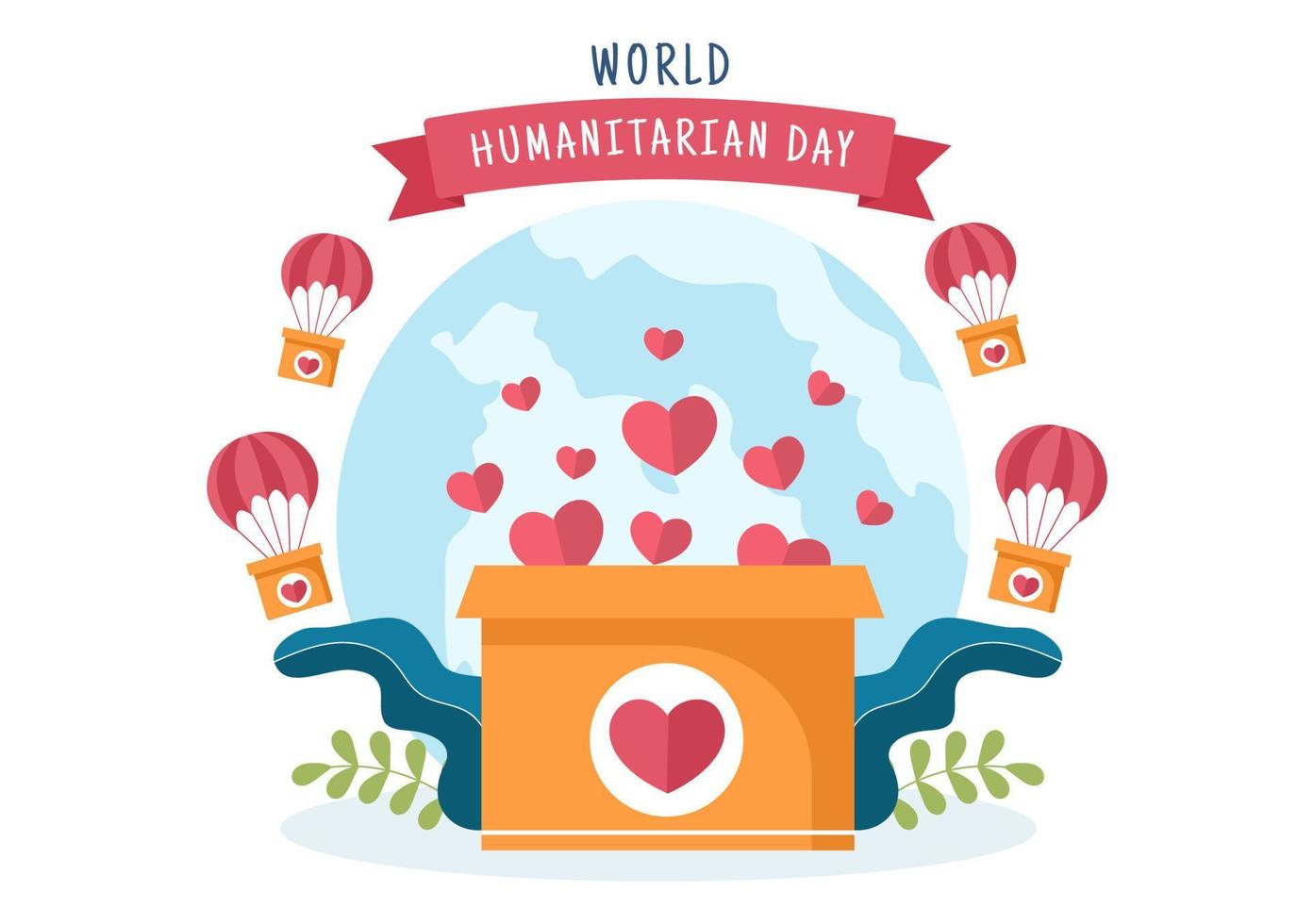 día humanitario mundial con celebración mundial de ayudar a las personas, trabajar juntos, caridad, donación y voluntariado en ilustración de dibujos animados planos vector