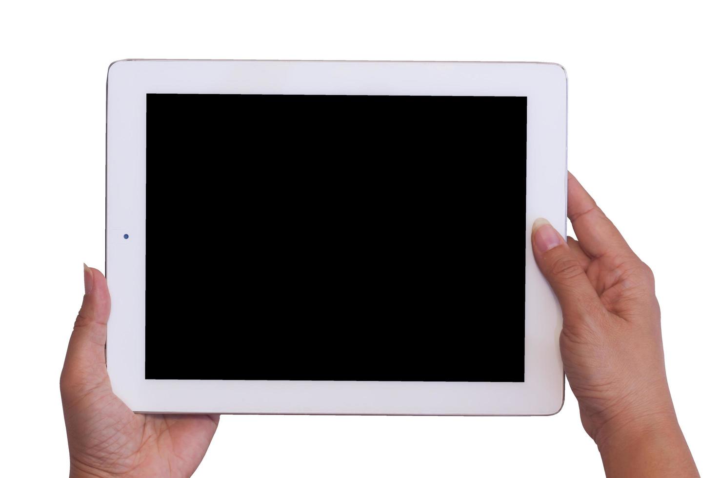 Isolated female hands holding and pushing old tablet in blank black screen to take or watch photo. Photo includes clipping paths at black screen and white background.