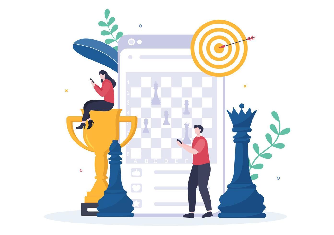 Online Chess Board Game Cartoon Background Illustration with Two People Sitting Across From Each Other and Playing for Hobby Activity in Flat Style vector