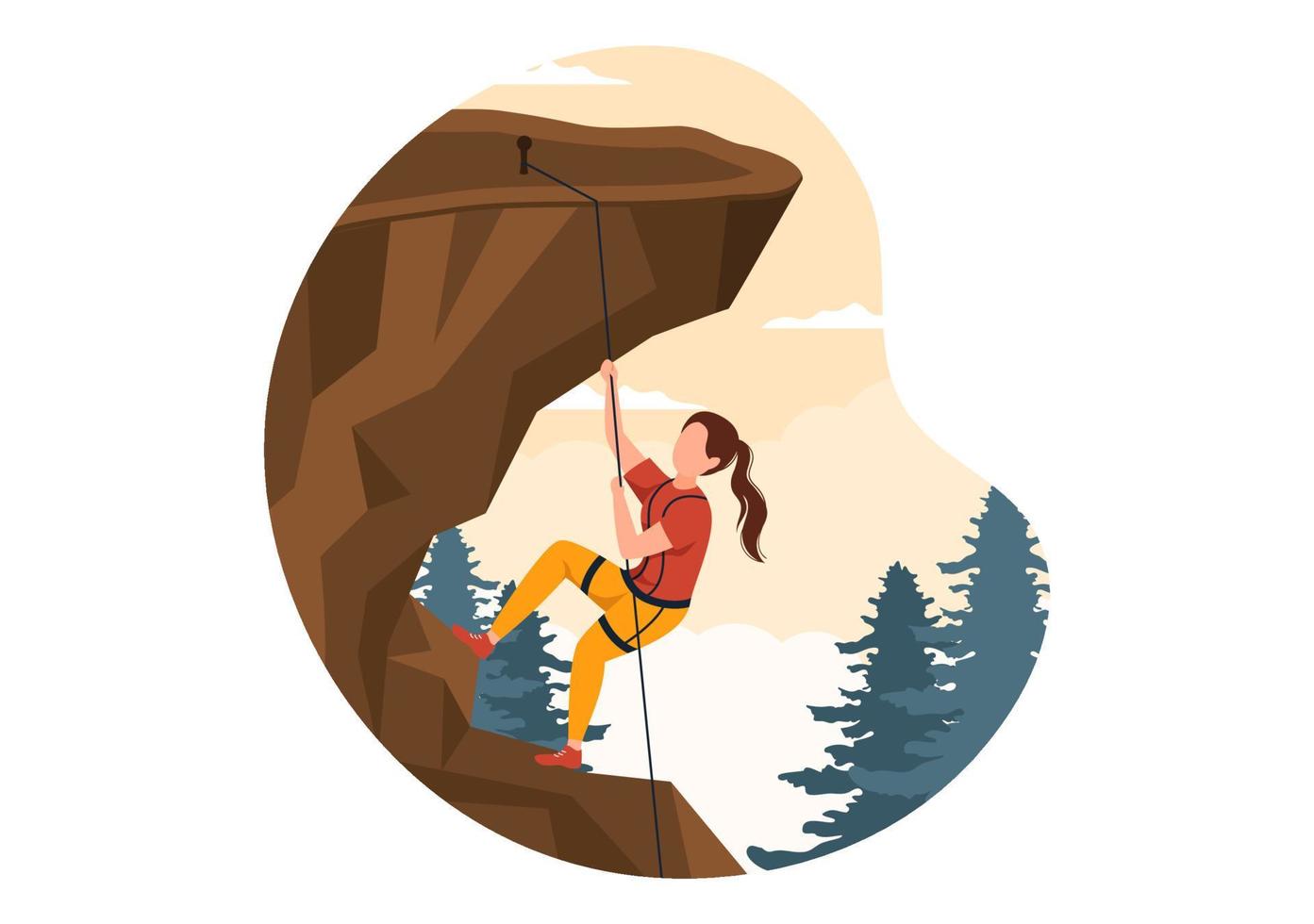 ilustración de dibujos animados de escalada en roca de montaña con escalador escala pared o equipo de uso de acantilado montañoso en un fondo de paisaje natural vector