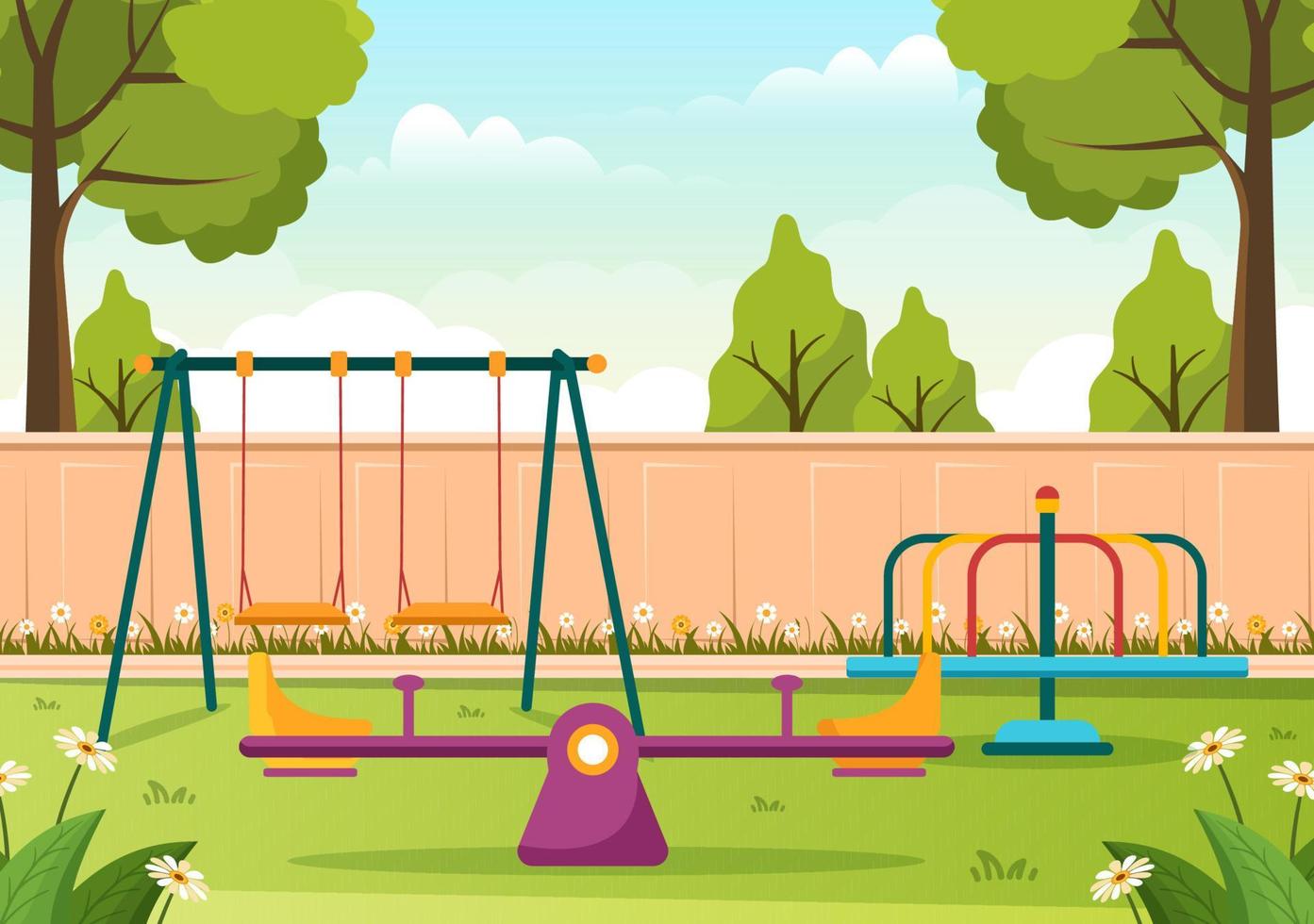 parque infantil con columpios, tobogán, escaleras de escalada y más en el parque de atracciones para que los más pequeños jueguen en dibujos animados planos vector