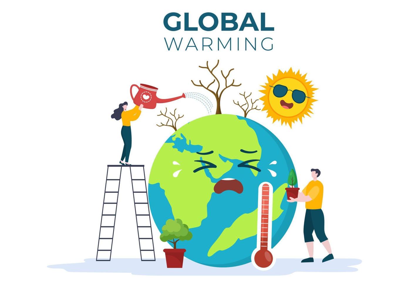 Global Warming Cartoon Style Illustration with Planet Earth in a Melting or Burning State and Image Sun to Prevent Damage to Nature and Climate Change vector