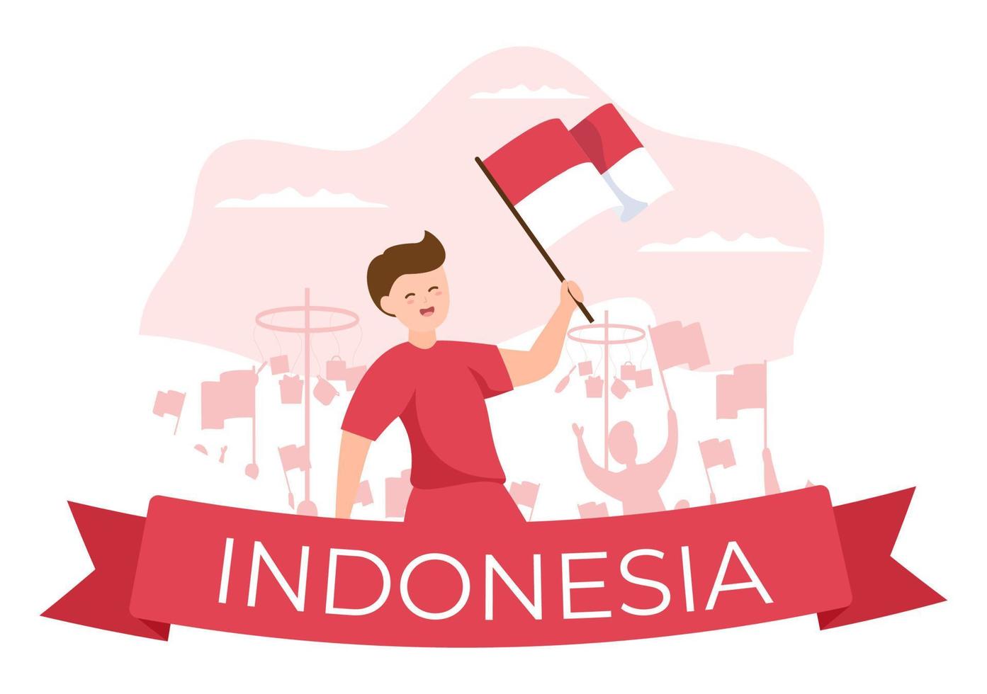 día de la independencia de indonesia el 17 de agosto con juegos tradicionales, bandera roja blanca y personaje de personas en una linda ilustración de fondo de caricatura plana vector