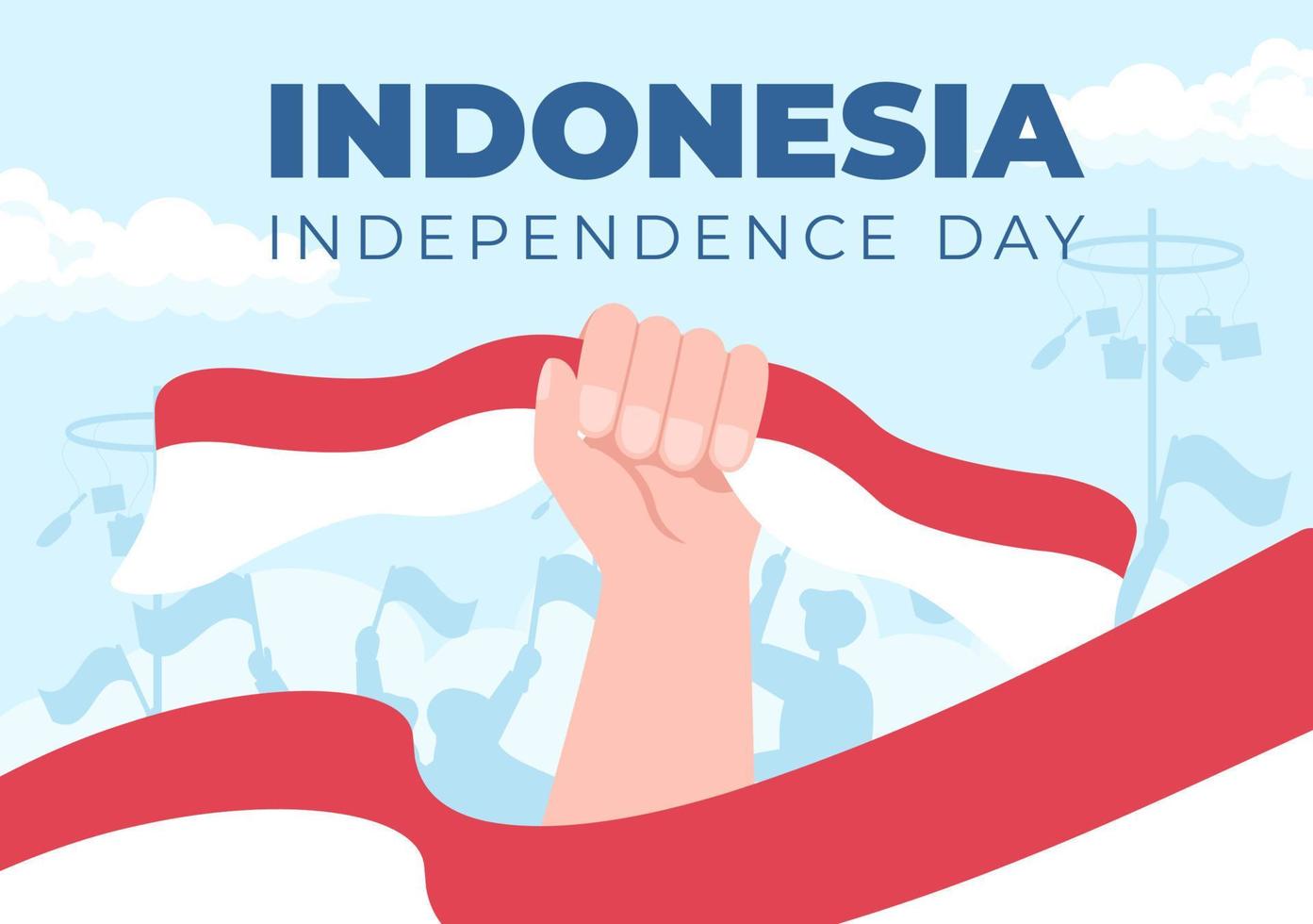 Indonesia Independence Day on August 17th with Traditional Games, Flag Red White and People Character in Flat Cute Cartoon Background Illustration vector