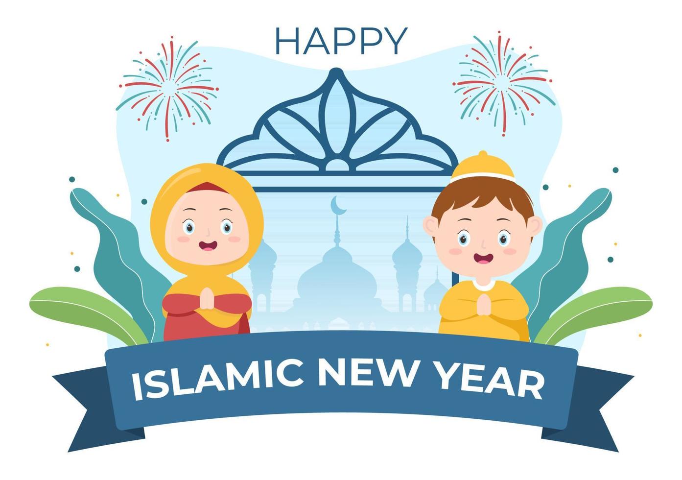 Islamic New Year Day or 1 Muharram Vector Background Illustration of Muslim Family Celebrating Can be use for Greeting Card or Invitation