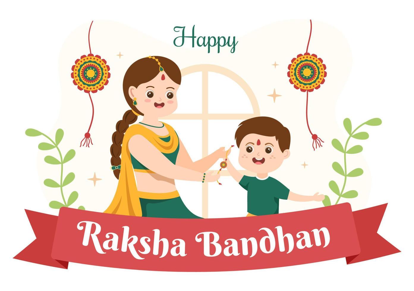 Happy Raksha Bandhan Cartoon Illustration with Sister Tying Rakhi on Her Brothers Wrist to Signify Bond of Love in Indian Festival Celebration vector