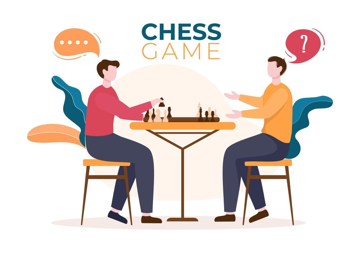 Chess Board Game Cartoon Background Illustration with Two People Sitting Across From Each Other and Playing for Hobby Activity in Flat Style vector