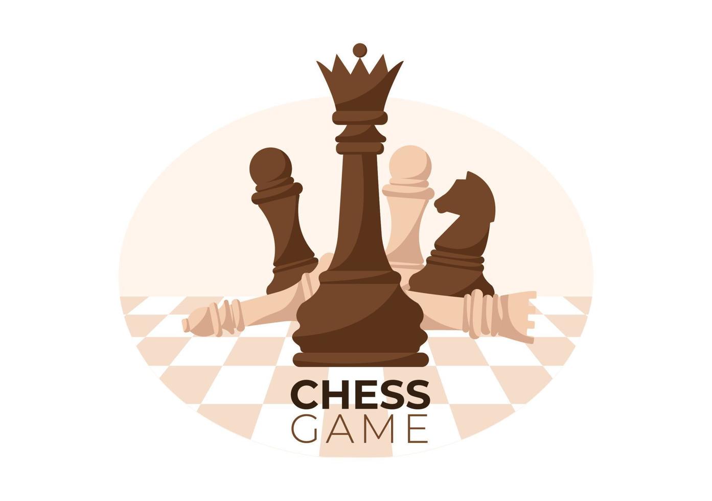 ilustración de fondo de dibujos animados de tablero de ajedrez a cuadros con piezas en blanco y negro para actividad de pasatiempo, competencia o torneo vector