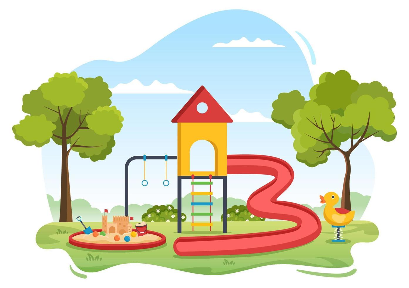 parque infantil con columpios, tobogán, escaleras de escalada y más en el parque de atracciones para que los más pequeños jueguen en dibujos animados planos vector